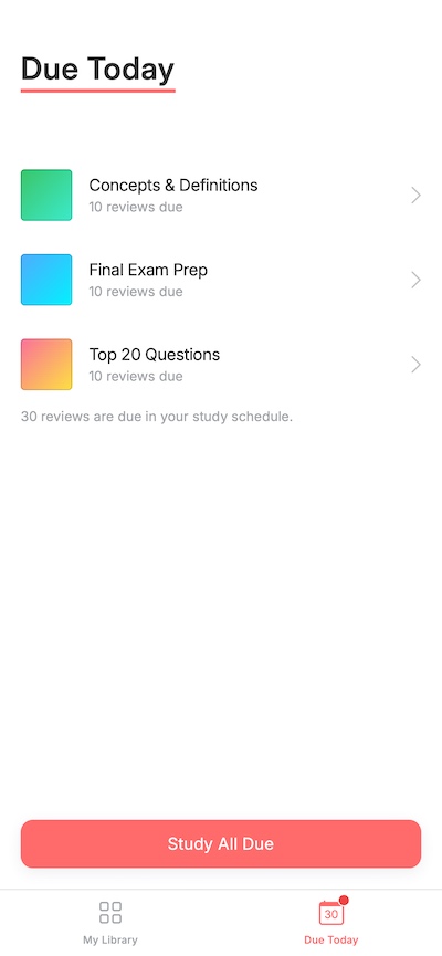 Tamino due today screen showing review counts for study sets