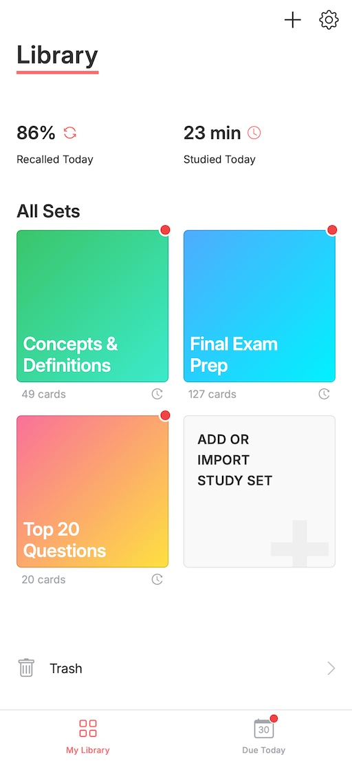 Tamino library screen showing study sets and daily progress